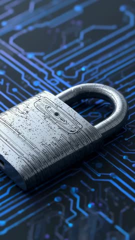 Vertical Cybersecurity Padlock Revealing Rotating Lock on Pulsing Circuit Board