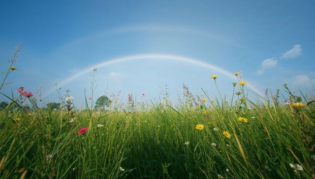 Double rainbow over scenic wildflower meadow