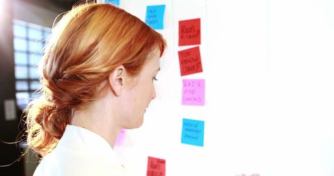 Businesswoman Adding Colorful Sticky Notes to Office Whiteboard