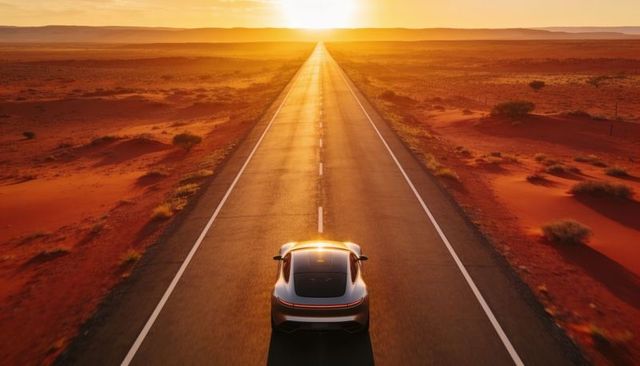 Silver coupe cruising toward glowing desert sunset on endless straight highway at dusk
