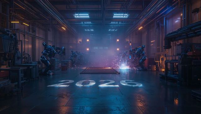 Welding chrome robotic arms producing sparks in futuristic industrial hangar 2026 floor
