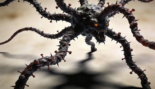 Hovering tentacled nightmare with glowing eyes and thorny appendages