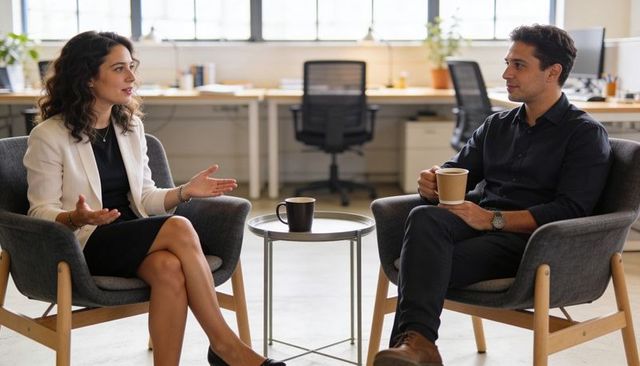 Discussing Strategy Over Coffee in Modern Office Lounge While Sharing Ideas and Feedback