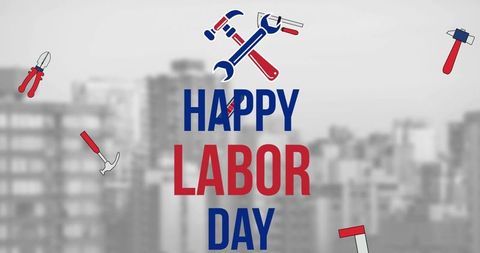 Labor day celebration with cityscape and tools graphic