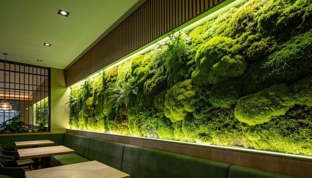 Living moss wall illuminating cafe with green banquette and biophilic interior design