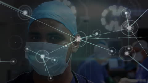 Surgeon with Digital Network Overlay Represents Healthcare Technology