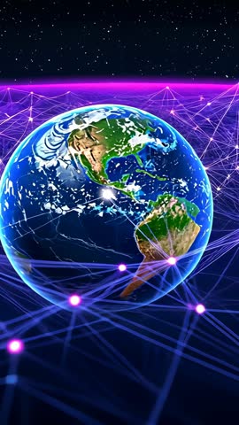 Vertical video zooming onto glassy Earth over Americas with neon network nodes pulsing