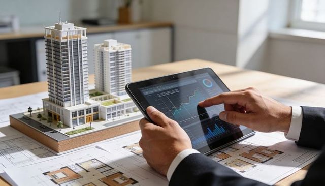 Developer analyzing real estate with tablet analytics beside building model and blueprints
