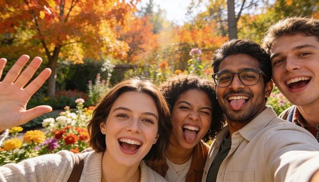 Multicultural friends taking autumn selfie in colorful flower garden