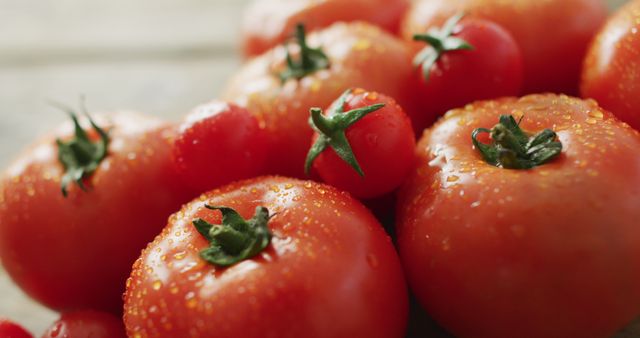 Depicts fresh dewy tomatoes in close-up, highlighting their vibrant red color and natural wetness. Ideal for use in promoting healthy eating, organic gardening, cooking recipes, farm-to-table concepts, grocery stores, and food blogs.