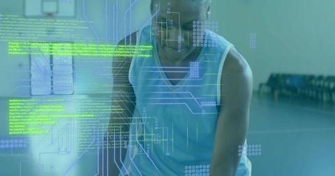 Female Athlete Leaning on Court Wearing White Tank and Necklace, Displaying AR HUD and Code Overlays