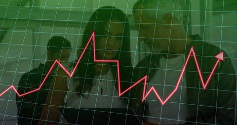 Diverse Business Professionals Analyzing Surging Financial Data Graph