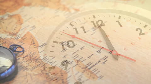 Global Travel Concept with Clock Overlay on Map and Compass