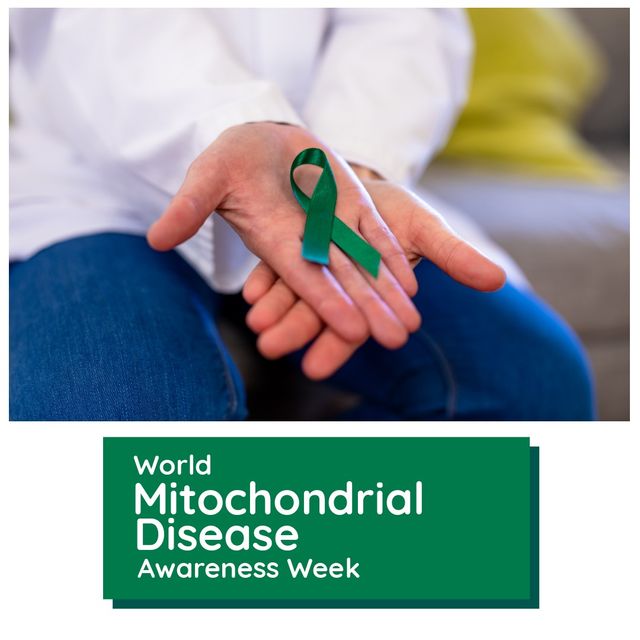 Digital image of caucasian woman holding green ribbon, world mitochondrial disease awareness text. Copy space, digital composite, educate, increase awareness of mitochondrial disease, support.
