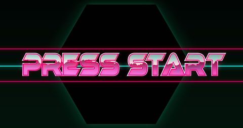 Retro Gaming Template with Press Start Sign Glowing in Neon