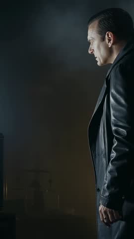 Man in Leather Coat Staring at Glowing Monitor in Dark Room | Vertical Video