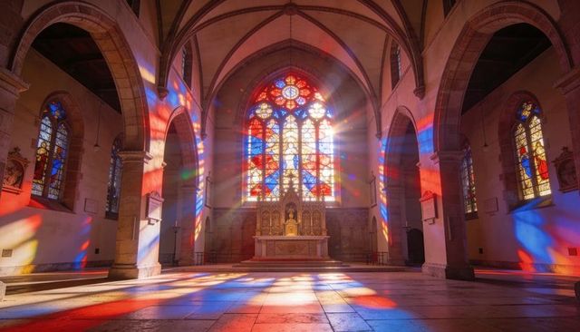 Gothic cathedral interior casting multicolored stained glass light across vaulted nave
