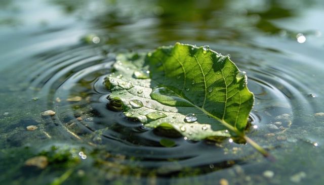 Green leaf floating on shallow water with dew drops, ripples and pebbles