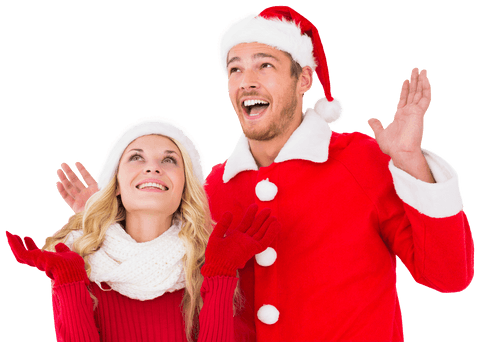 Cheerful Couple in Christmas Outfits on Transparent Background