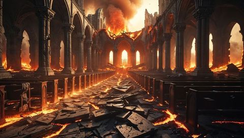 Eerie hell blaze engulfs gothic cathedral ruins