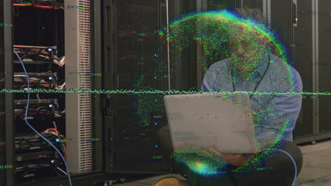 Businessman Analyzing Data in Advanced Server Room with Digital Overlay