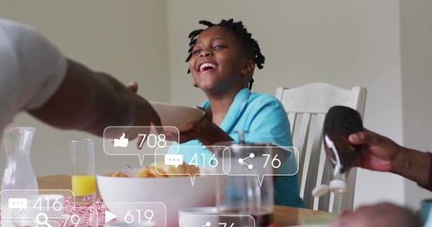 Joyful Family Meal with Engaging Social Media Icons Overlay