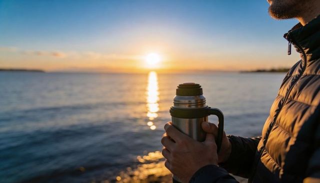 Man holding thermos watching sunset over calm ocean shoreline