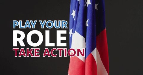 Draping united states flag with bold play your role take action campaign typography