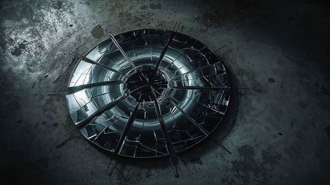 Shattered Circular Mirror on Gritty Concrete