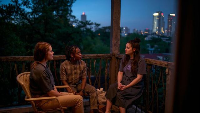 Sharing quiet evening conversation on wooden balcony overlooking city skyline at dusk