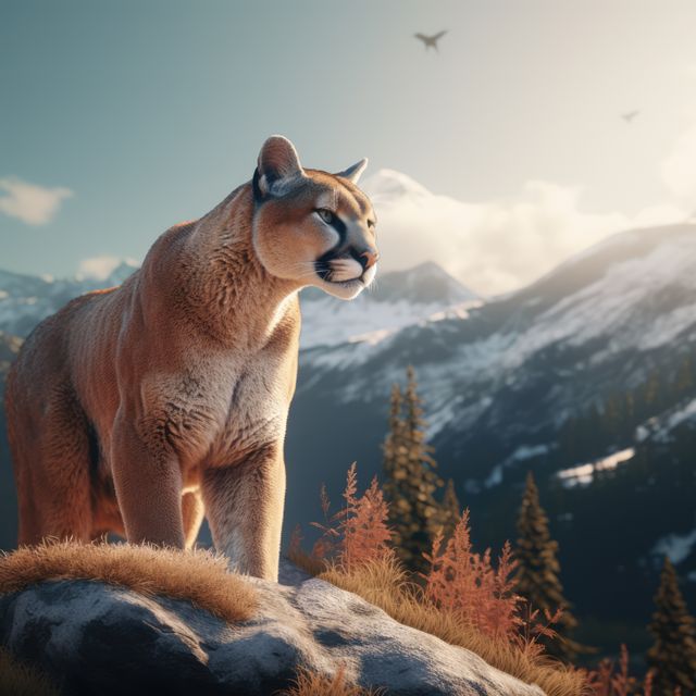 A majestic mountain lion stands atop a rocky outcrop outdoor. Its gaze surveys the vast landscape, embodying the wild essence of mountainous terrain.