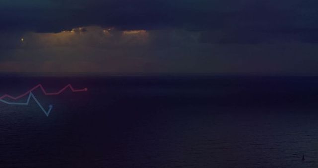 Dramatic seascape with neon zigzag over ocean at sunrise