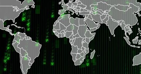 Neon cyber world map with green code overlays for global data visualization dashboard