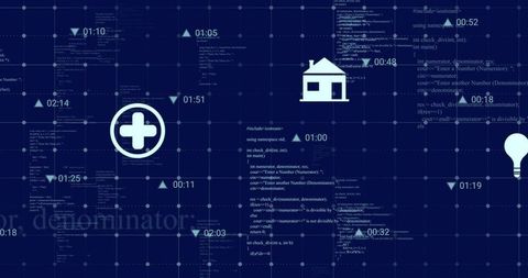Futuristic digital data overlay with media icons and code
