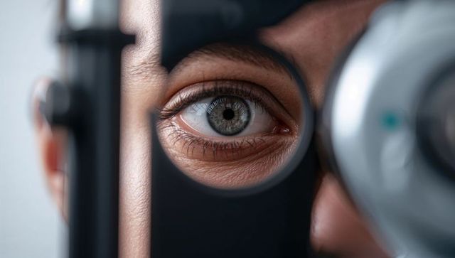 Close-up eye undergoing ophthalmic examination through phoropter for vision testing