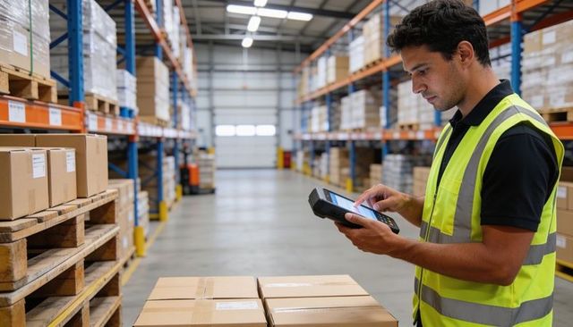 Warehouse worker scanning packages with scanner checking inventory at fulfillment hub