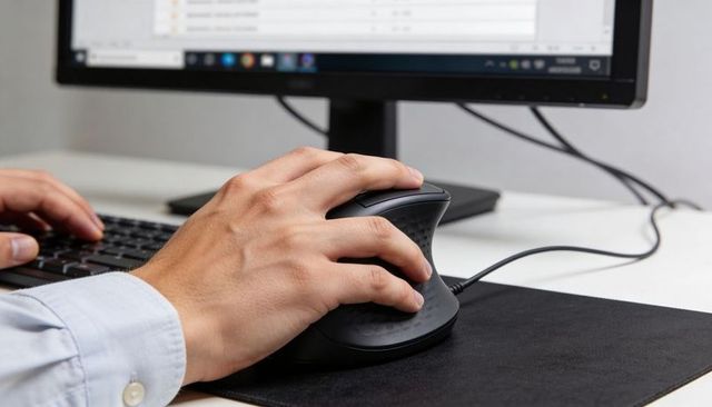 Using vertical ergonomic mouse with right hand on office desk near monitor and keyboard