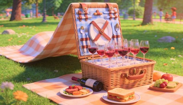 Wicker picnic hamper with six wine glasses on checkered blanket in sunny park