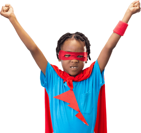 Joyful Kid in Superhero Costume with Raised Arms Transparent Background