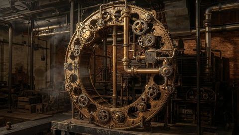 Steampunk Brass Gear Mechanism in Vintage Workshop