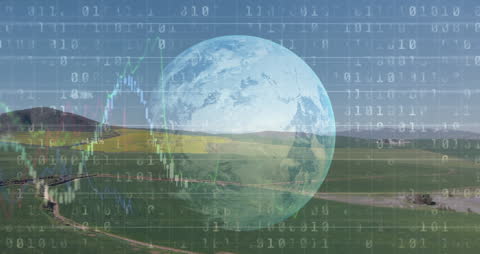 Futuristic Planet Overlaps Idyllic Countryside Infused with Digital Data