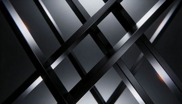 Intersecting matte black metal beams creating diagonal geometric grid with highlights