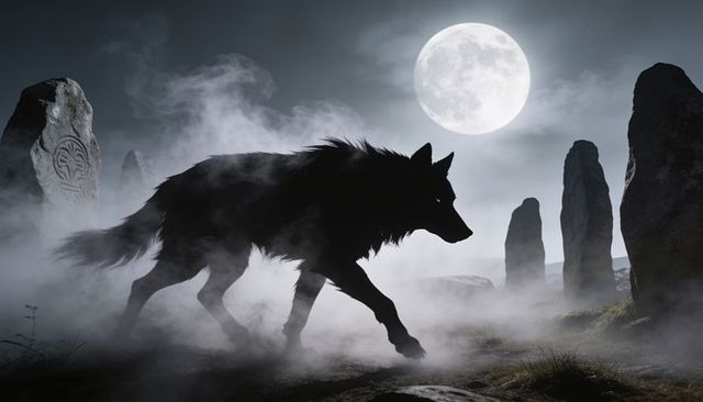 Shadow wolf prowling under full moon among ancient standing stones and foggy moor