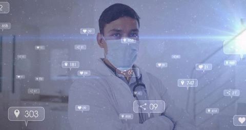 Physician wearing mask and stethoscope standing with floating digital ui overlays