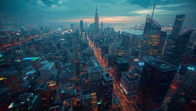 Dramatic Urban Skyline at Dusk with Illuminated City Streets