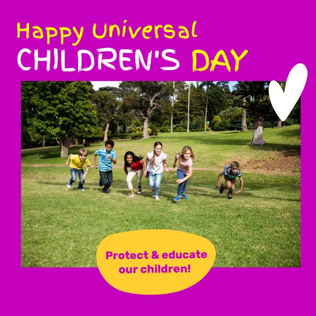Composite of protect and educate our children text over divers playful children running in park. Happy universal children's day, friends, childhood, togetherness, welfare, awareness, promotion.