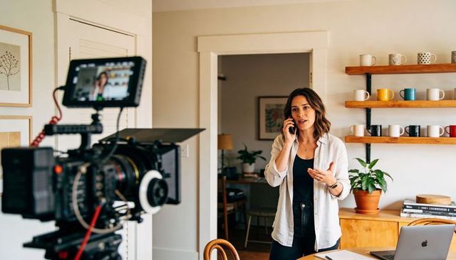 Creator filming from home kitchen while speaking on phone, rustic workspace camera rig