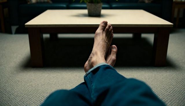 Bare feet resting on coffee table in cozy living room, casual home relaxation