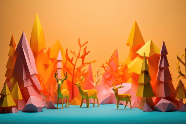 Depicts a bright and colorful forest scene with elegantly crafted deer and trees in origami style. The vibrant shades and geometric shapes make this perfect for children’s illustrations, educational materials, craft design ideas, or creative nature scenes in advertisements and media campaigns.