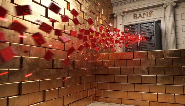 Streaming gold bricks sending red data cubes into bank vault entrance, cyberflow